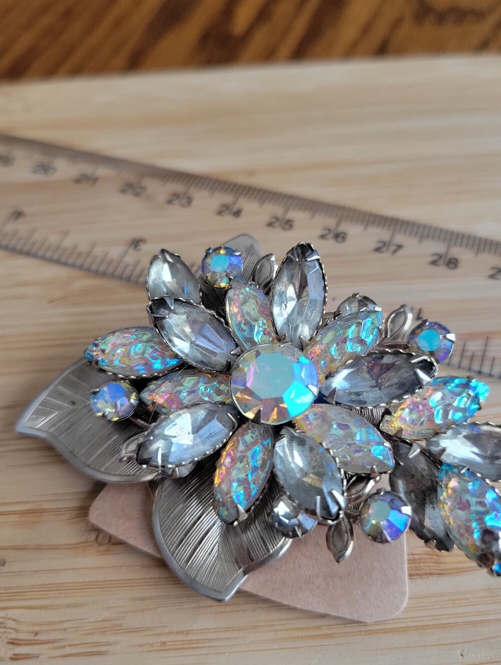 Vintage Judy Lee Aurora Borealis‎ Rhinestone Floral Brooch Silver Tone 1950s Pin